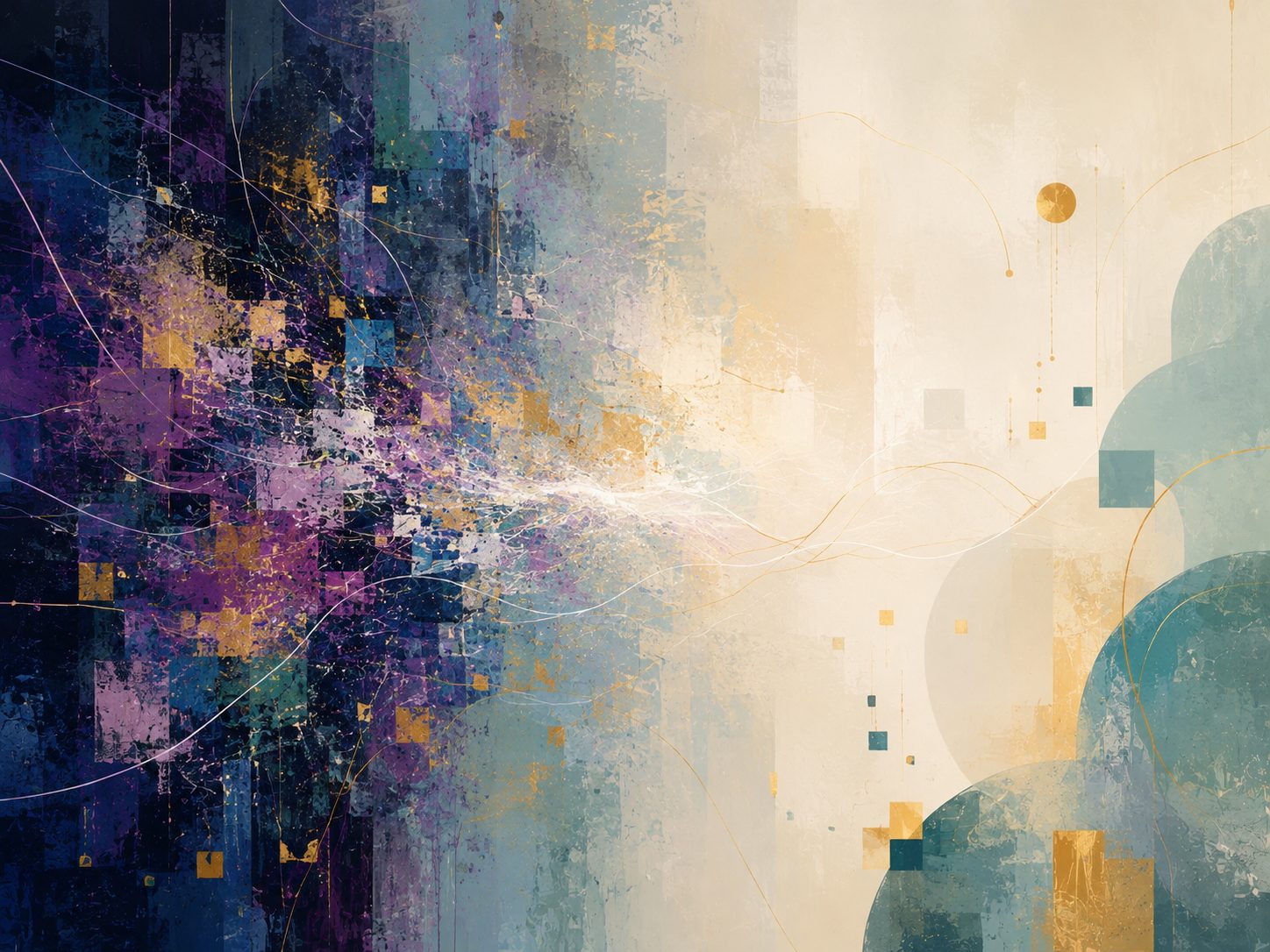 Abstract painting: a dense, chaotic field of dark pixelated fragments on the left dissolving into calm, near-empty cream space on the right.